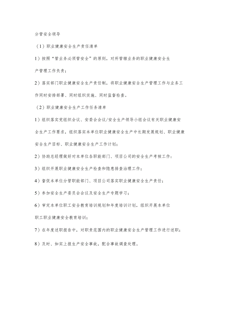 城投公司分管安全领导职业健康安全生产责任清单及工作任务清单.docx_第1页