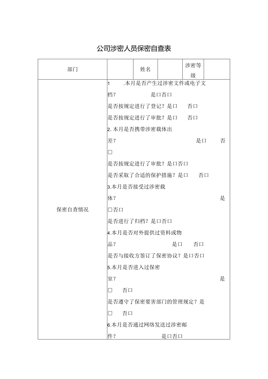 公司涉密人员保密自查表.docx_第1页