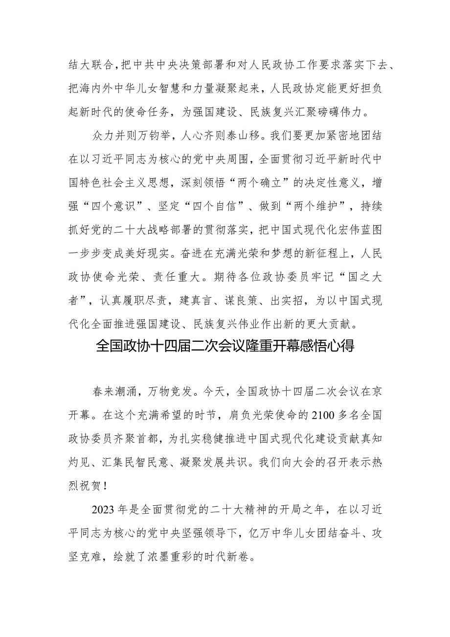 热烈祝贺全国政协十四届二次会议隆重开幕感悟心得体会发言2篇.docx_第3页