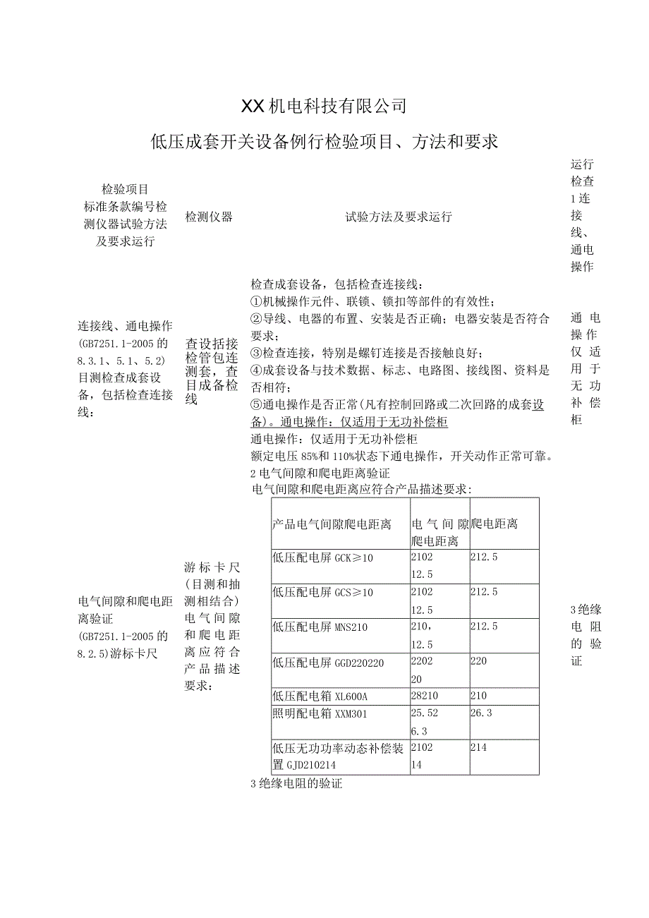 XX机电科技有限公司低压成套开关设备例行检验项目、方法和要求（2024年）.docx_第1页