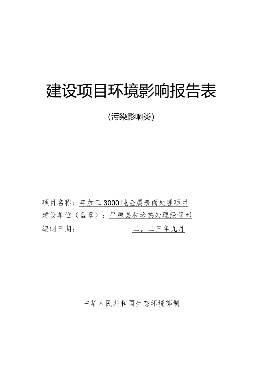 年加工3000吨金属表面处理项目环境影响报告表.docx_第1页