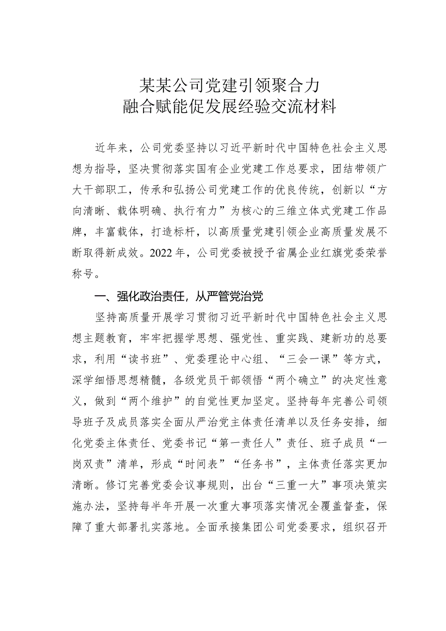 某某公司党建引领聚合力融合赋能促发展经验交流材料.docx_第1页