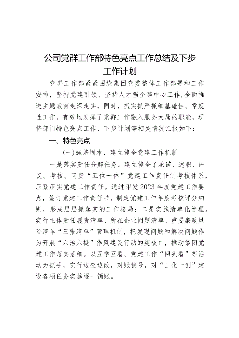 公司党群工作部特色亮点工作总结及下步工作计划.docx_第1页