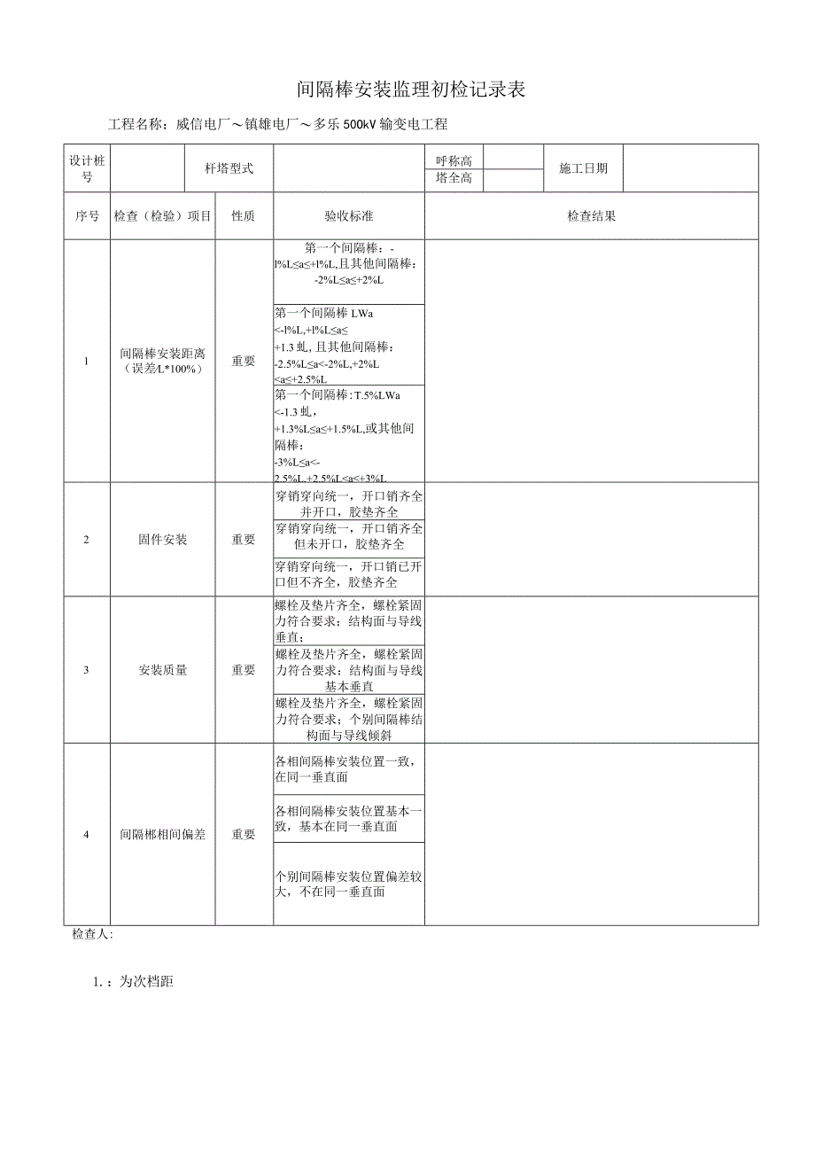 间隔棒安装监理初检记录表.docx_第1页