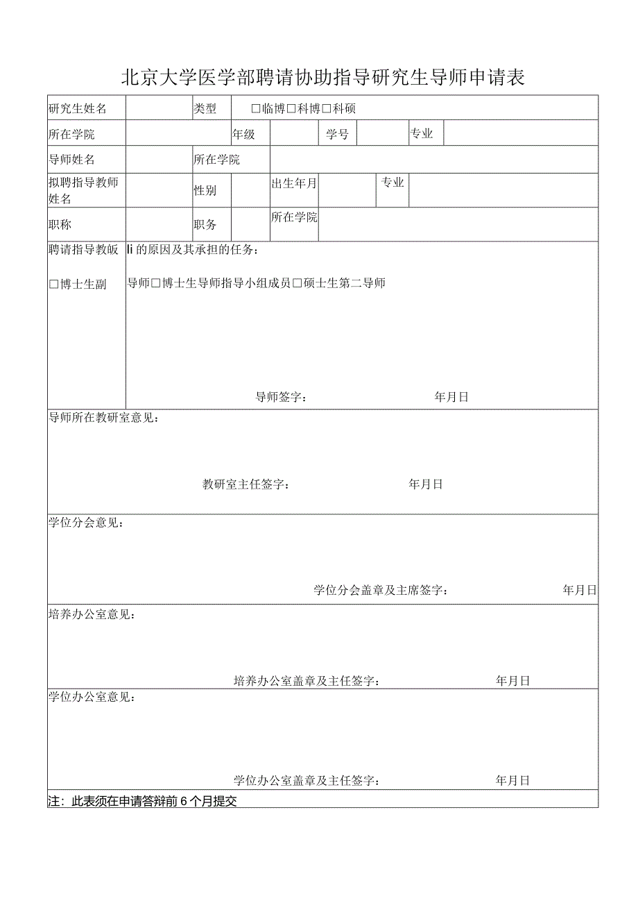 北京大学医学部聘请协助指导研究生导师申请表.docx_第1页