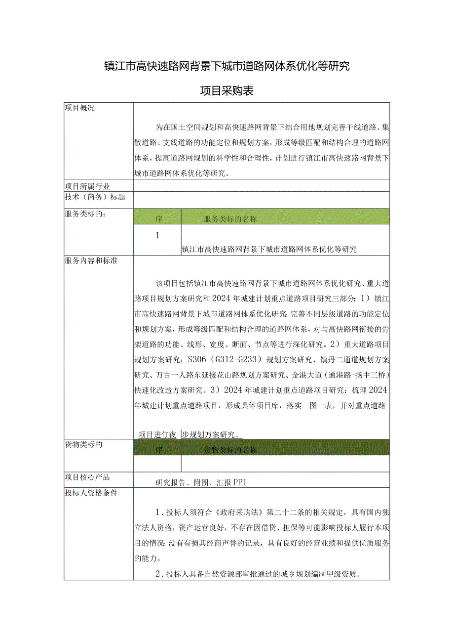 镇江市高快速路网背景下城市道路网体系优化等研究项目采购表.docx_第1页