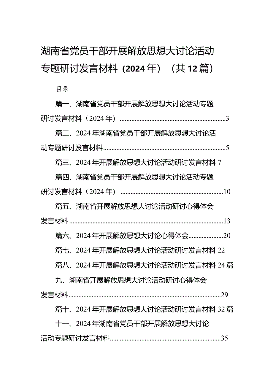 湖南省党员干部开展解放思想大讨论活动专题研讨发言材料（2024年）12篇（详细版）.docx_第1页