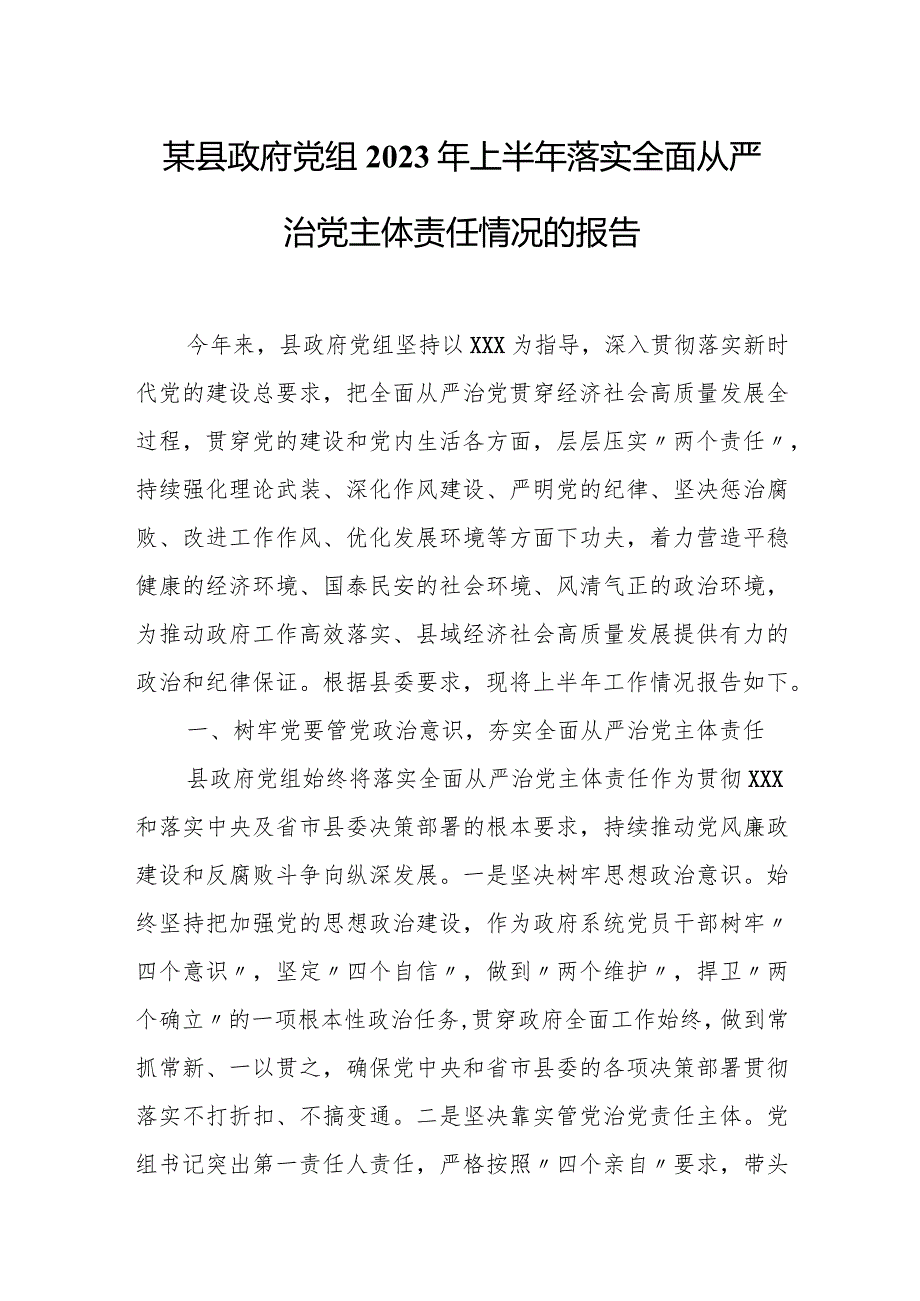 某县政府党组2023年上半年落实全面从严治党主体责任情况的报告.docx_第1页