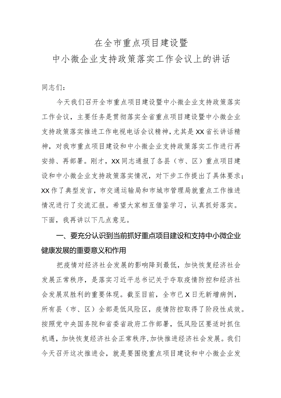 在全市重点项目建设暨中小微企业支持政策落实工作会议上的讲话.docx_第1页