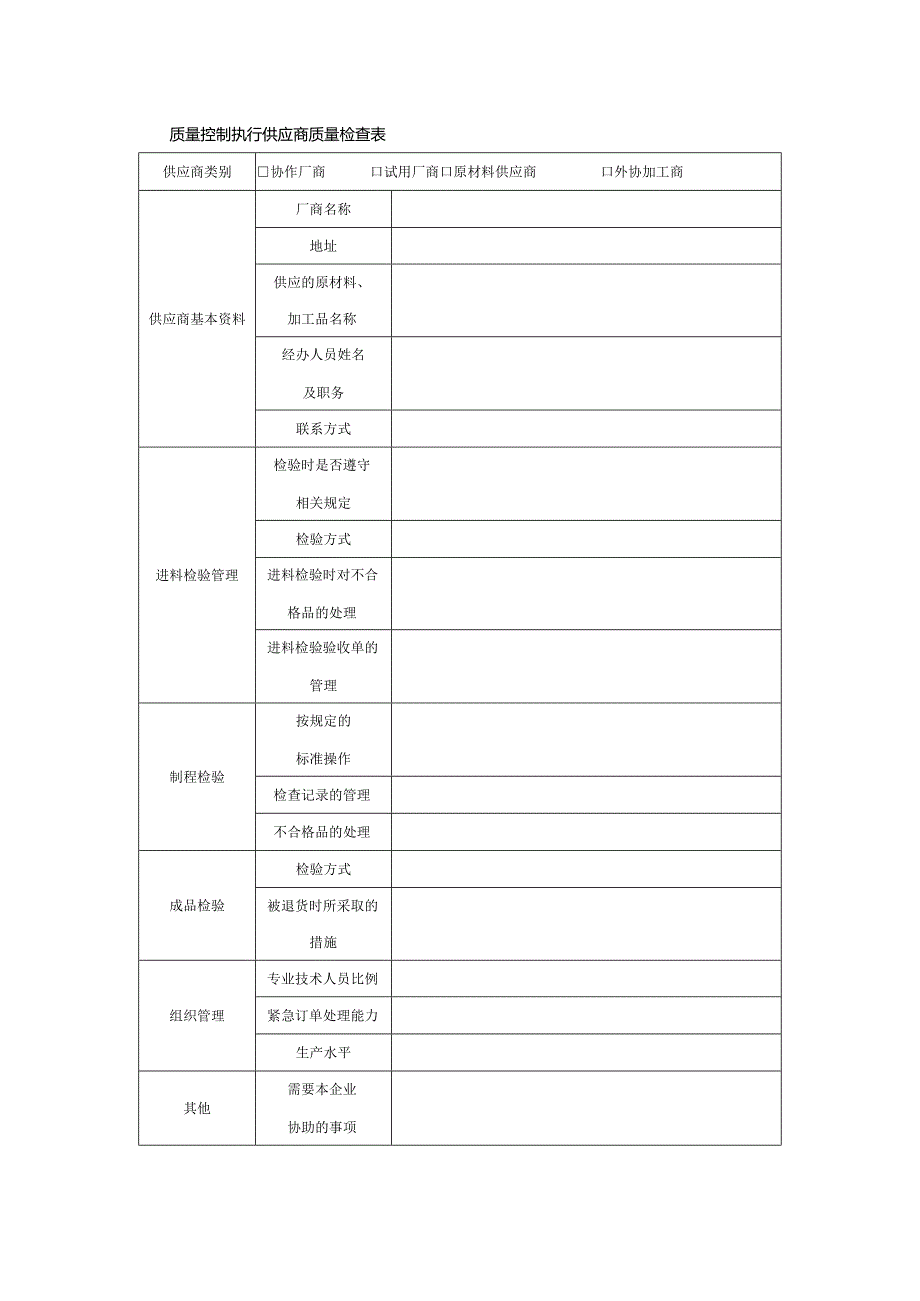 质量控制执行供应商质量检查表.docx_第1页