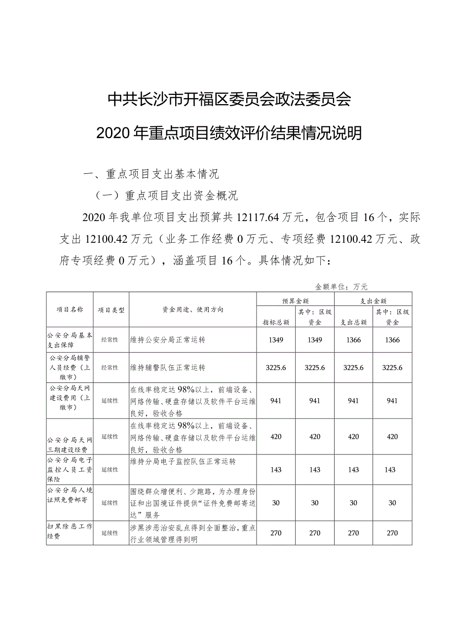 中共长沙市开福区委员会政法委员会2020年重点项目绩效评价结果情况说明.docx_第1页