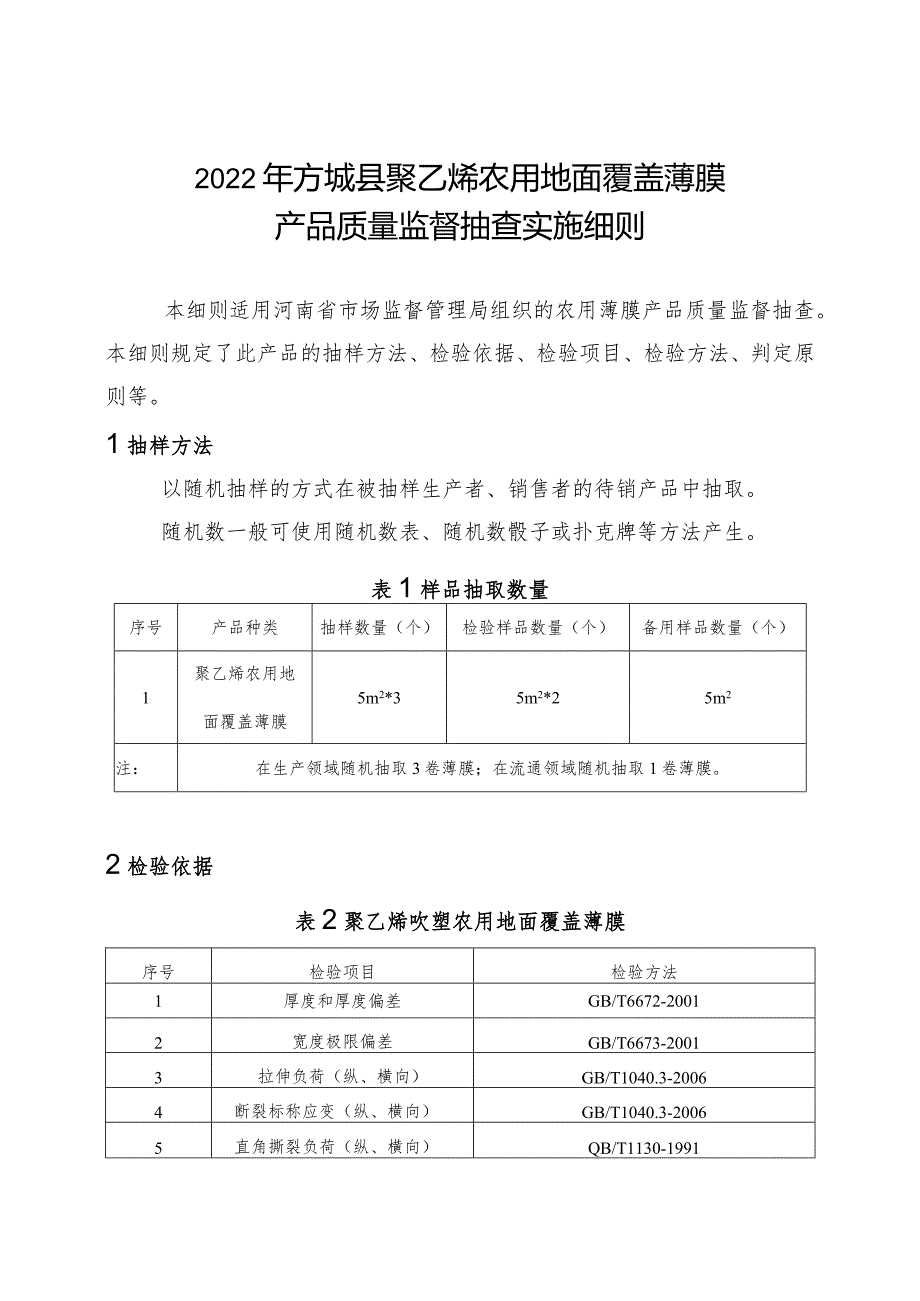 2022年方城县聚乙烯农用地面覆盖薄膜产品质量监督抽查实施细则.docx_第1页