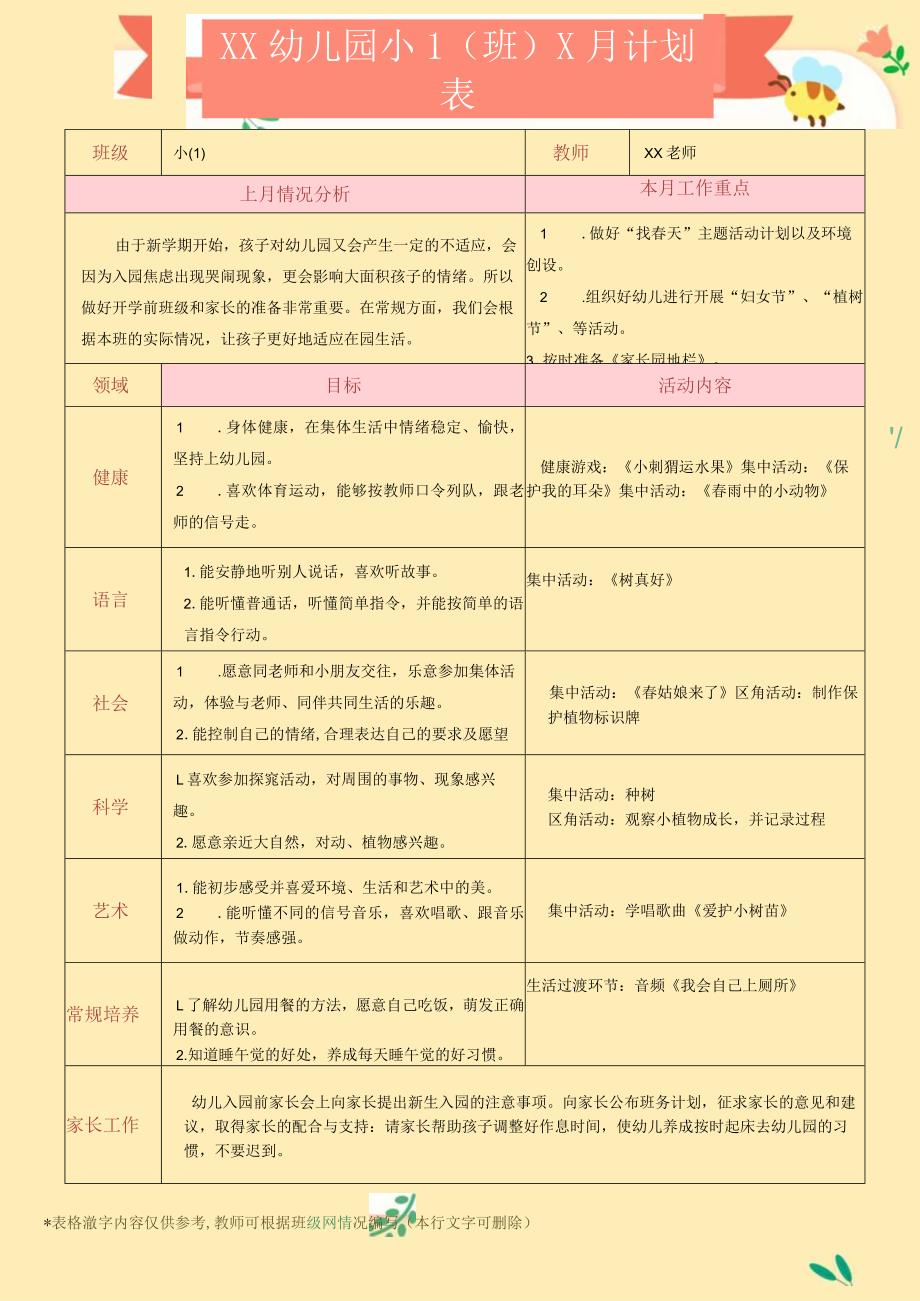 幼儿园月计划模板（可编辑）.docx_第1页