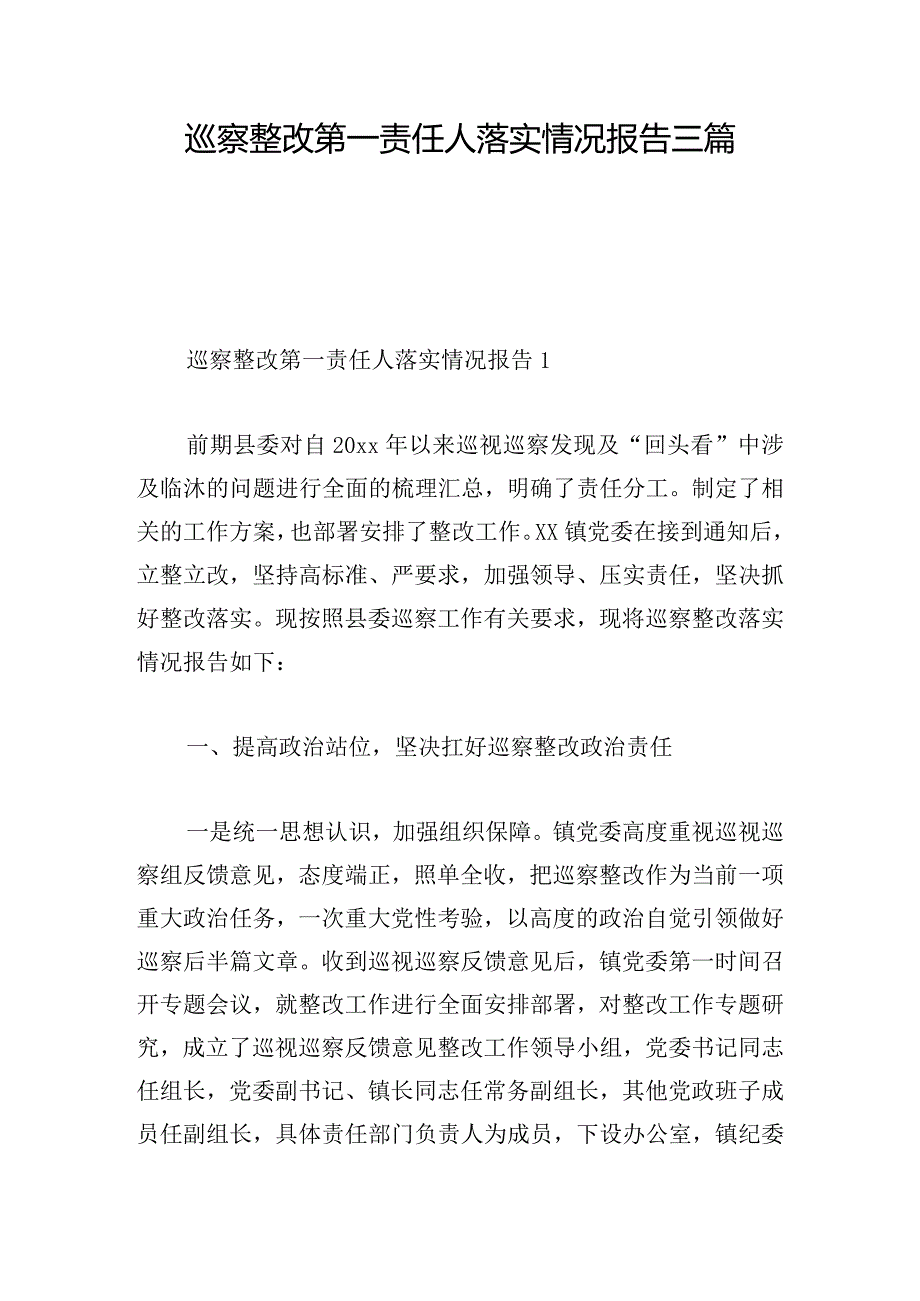 巡察整改第一责任人落实情况报告三篇.docx_第1页