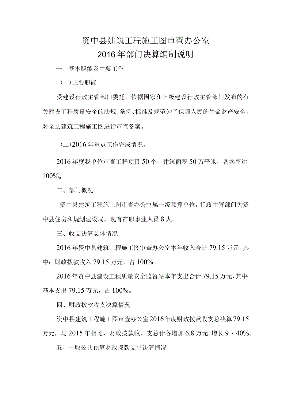 资中县建筑工程施工图审查办公室2016年部门决算编制说明.docx_第1页