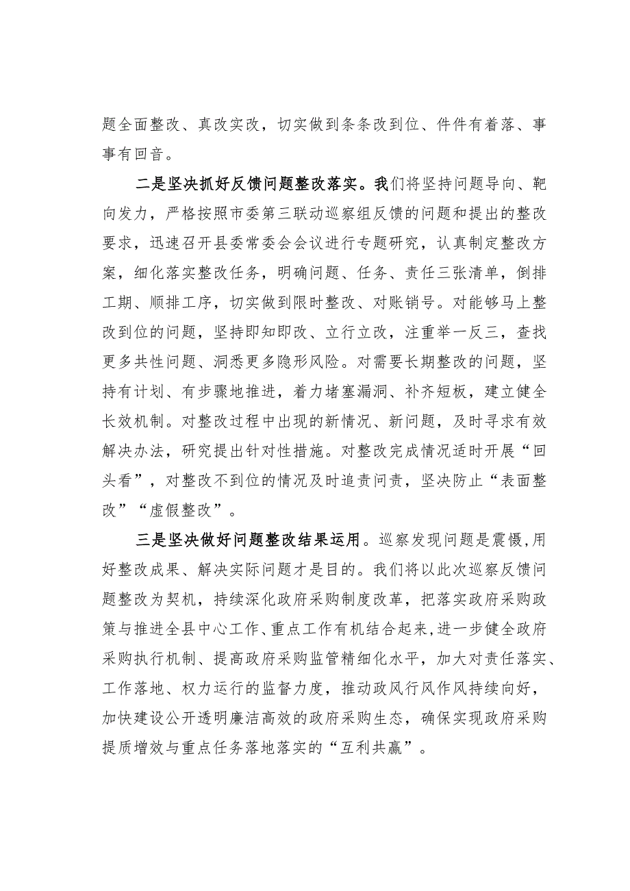 某某县委书记在巡察工作反馈会上的表态发言.docx_第2页