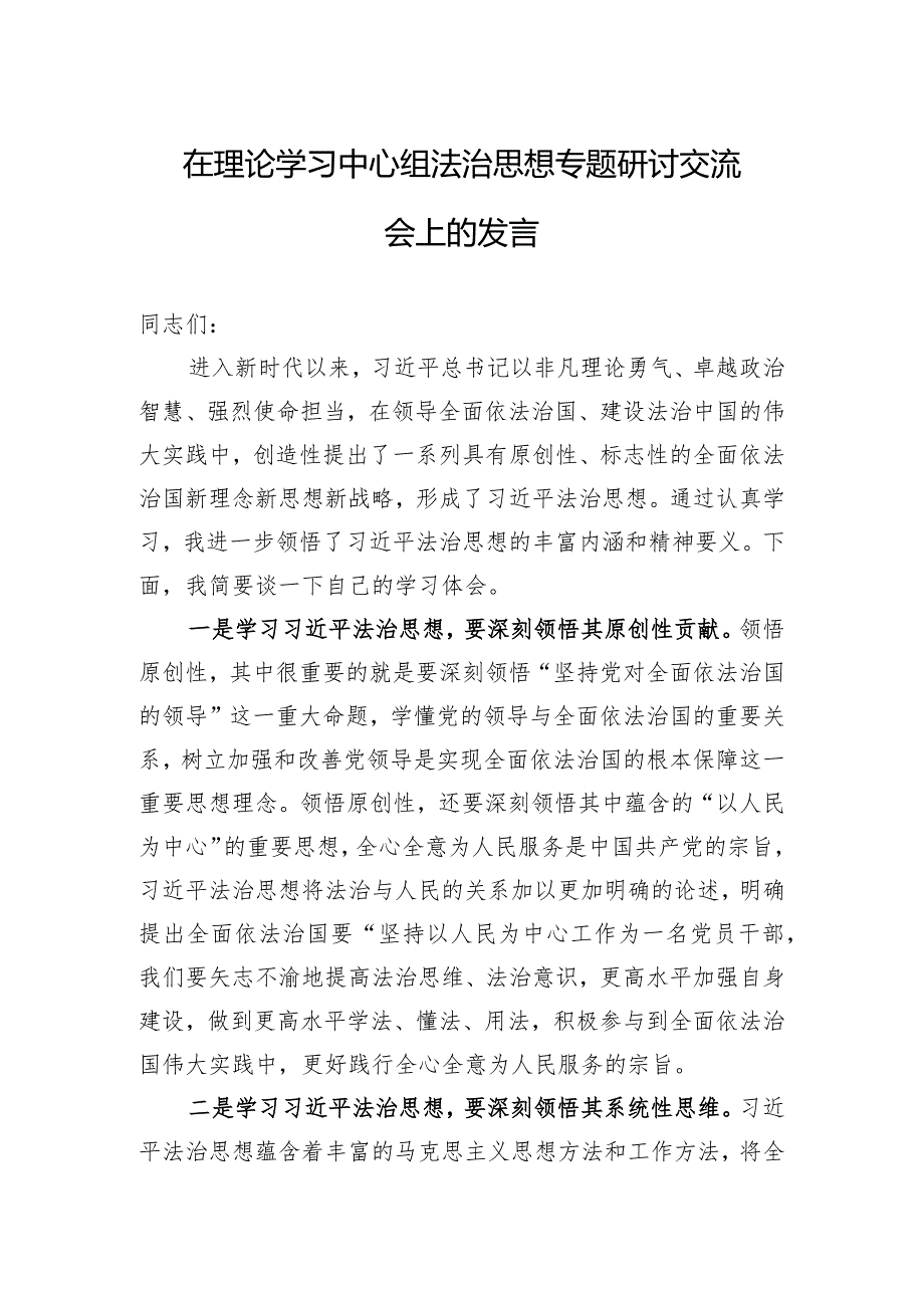 在理论学习中心组法治思想专题研讨交流会上的发言.docx_第1页