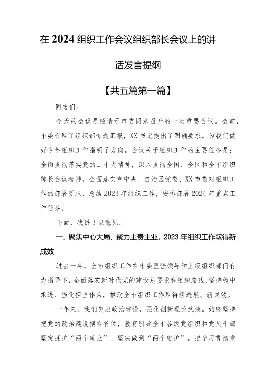 （5篇）在2024组织工作会议组织部长会议上的讲话发言提纲.docx_第1页