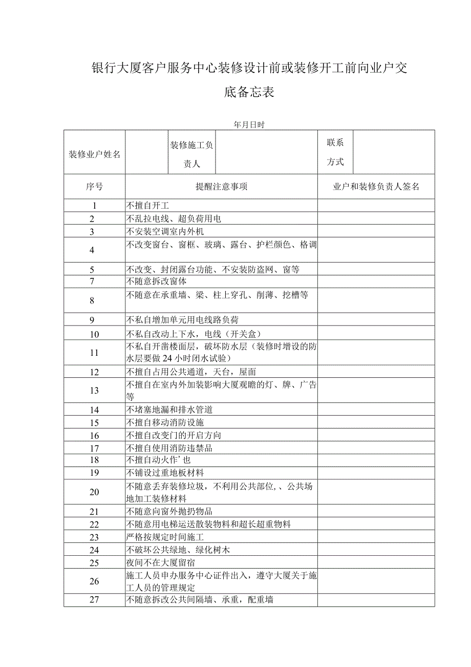 银行大厦客户服务中心装修设计前或装修开工前向业户交底备忘表.docx_第1页