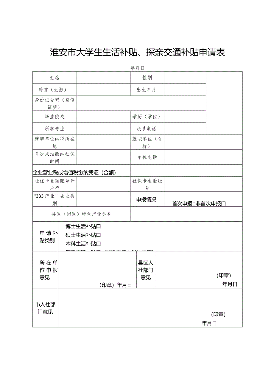 淮安市大学生生活补贴、探亲交通补贴申请表年月日.docx_第1页