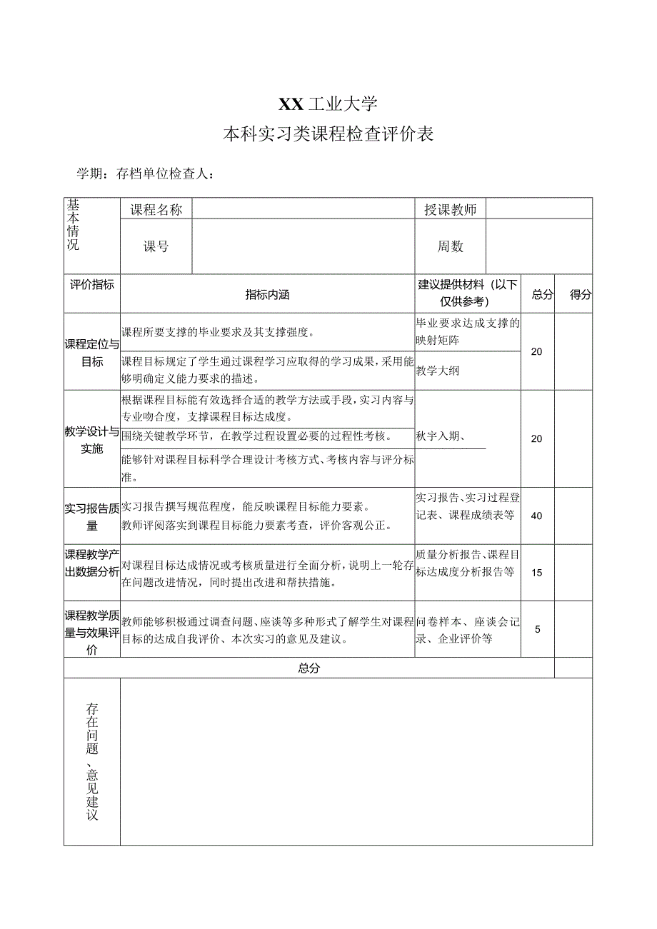 XX工业大学本科实习类课程检查评价表（2024年）.docx_第1页