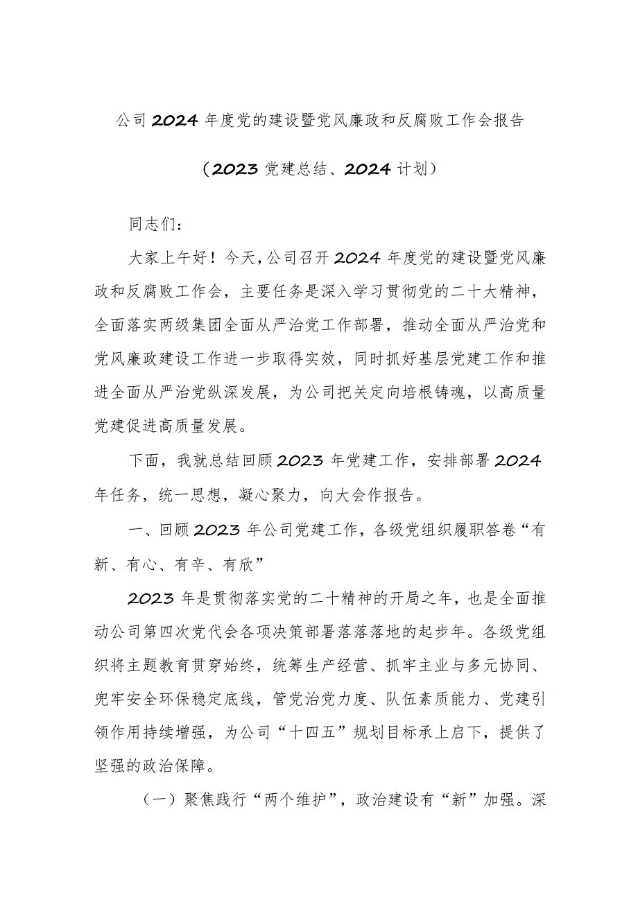 公司2024年度党的建设暨党风廉政和反腐败工作会报告（2023党建总结、2024计划）.docx_第1页