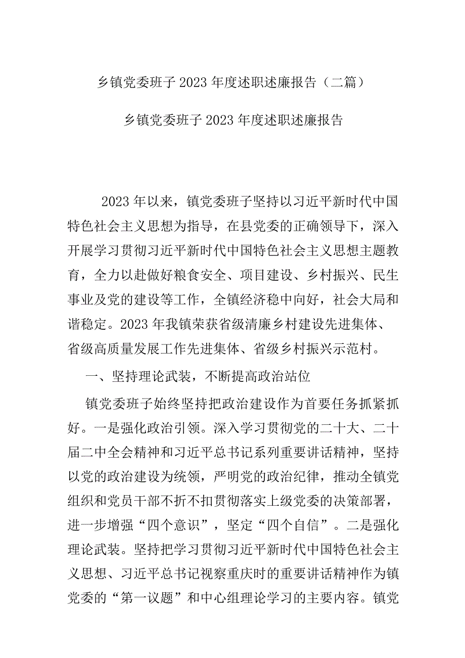 乡镇党委班子2023年度述职述廉报告(二篇).docx_第1页