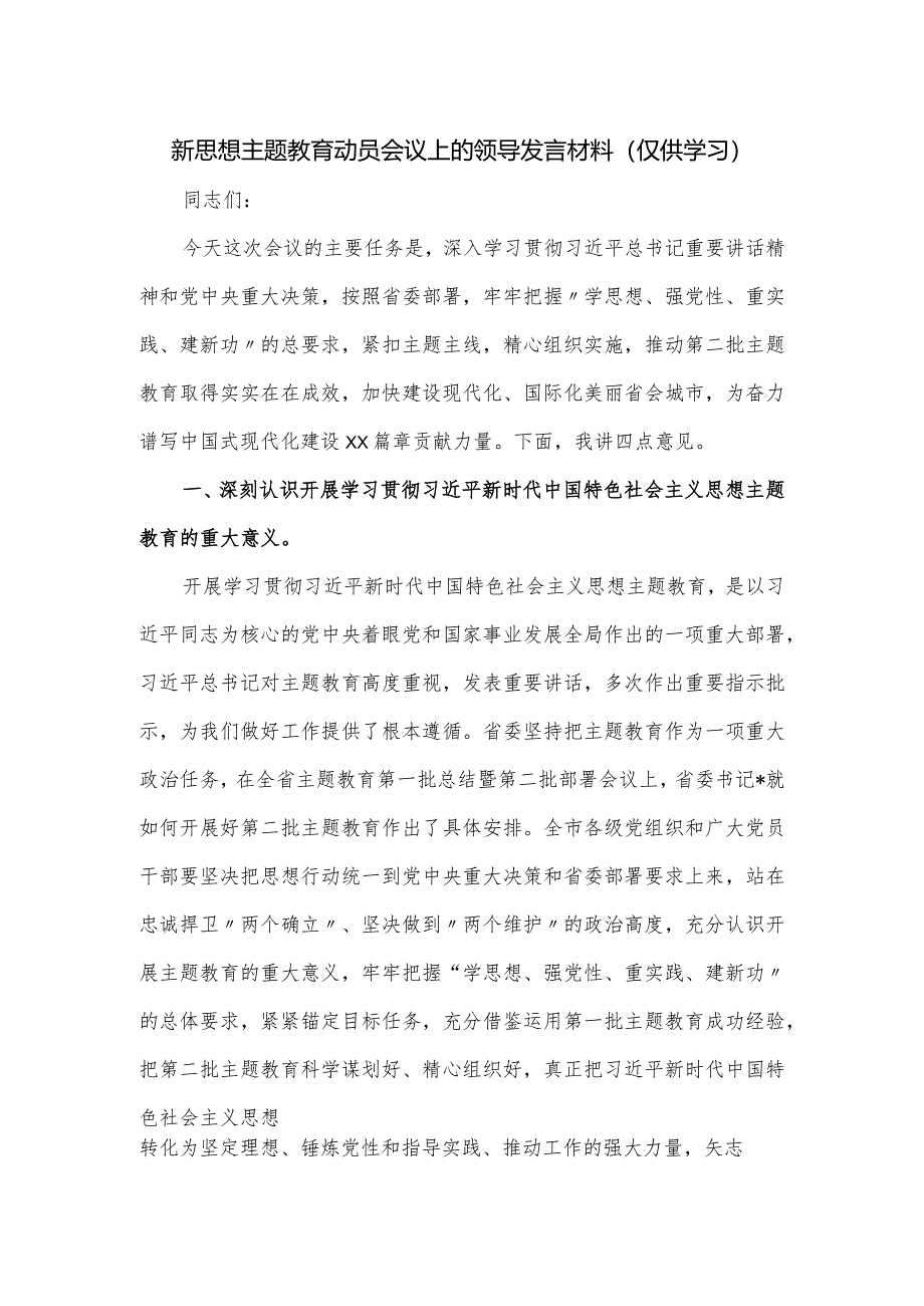 新思想主题教育动员会议上的领导发言材料.docx_第1页