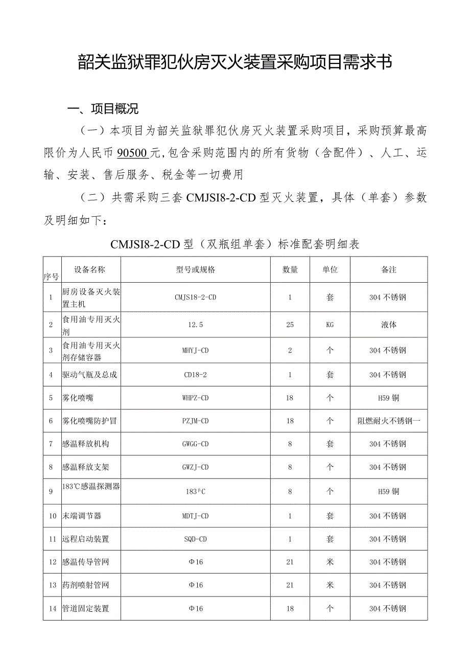 韶关监狱罪犯伙房灭火装置采购项目需求书.docx_第1页