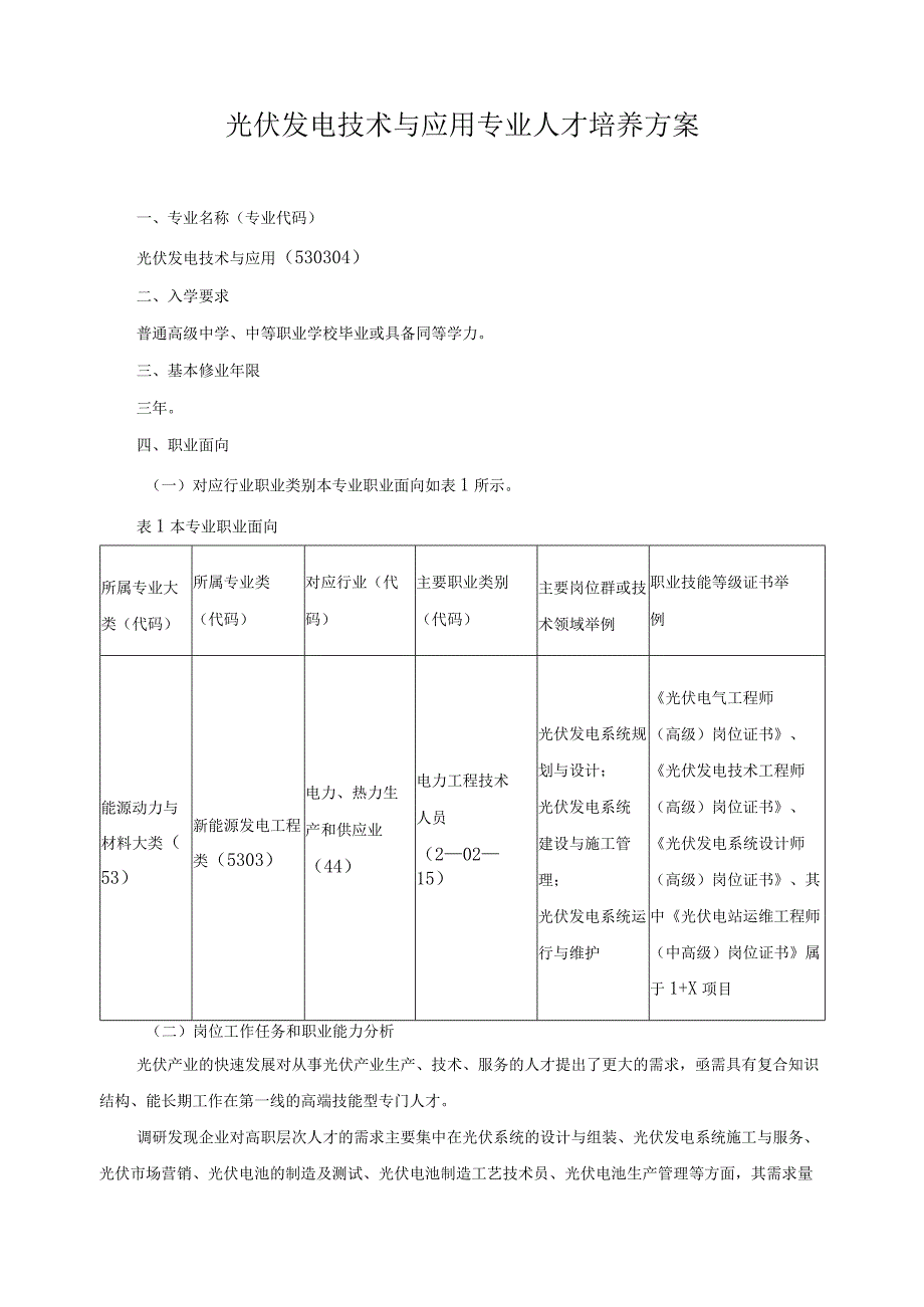 光伏发电技术与应用专业人才培养方案.docx_第1页