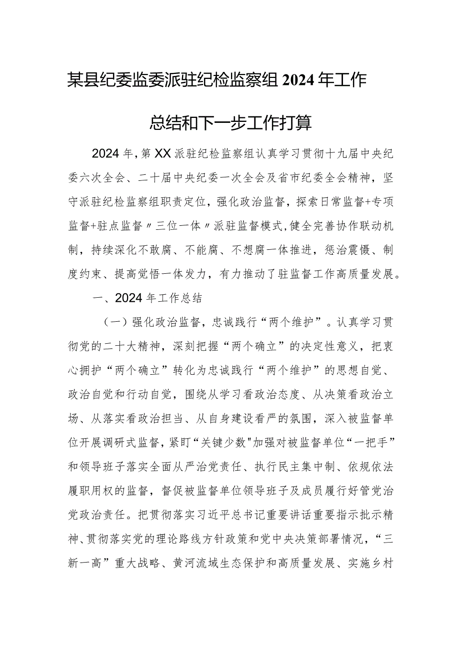 某县纪委监委派驻纪检监察组2024年工作总结和下一步工作打算.docx_第1页