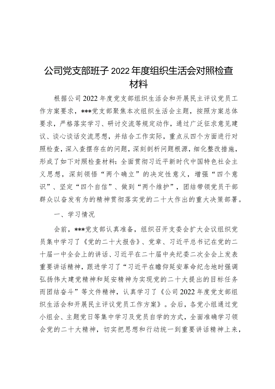 公司党支部班子2022年度组织生活会对照检查材料【】.docx_第1页