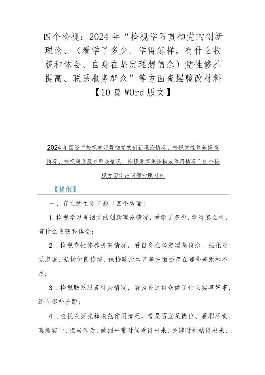 四个检视：2024年“检视学习贯彻党的创新理论、（看学了多少、学得怎样有什么收获和体会、自身在坚定理想信念）党性修养提高、联系服务群众”等.docx_第1页