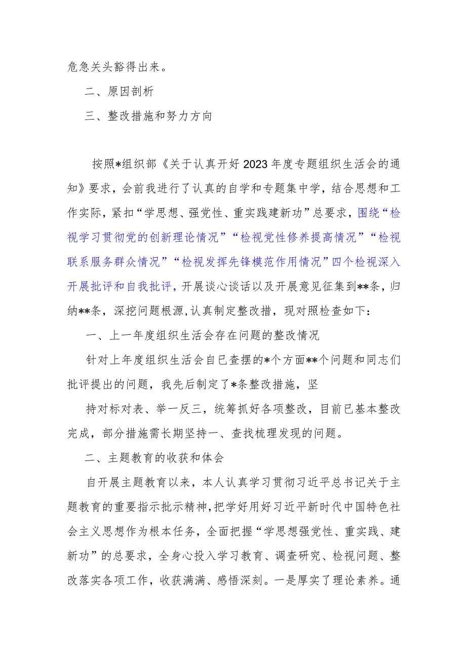 四个检视：2024年“检视学习贯彻党的创新理论、（看学了多少、学得怎样有什么收获和体会、自身在坚定理想信念）党性修养提高、联系服务群众”等.docx_第2页