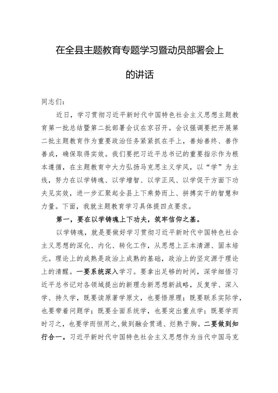 在全县主题教育专题学习暨动员部署会上的讲话.docx_第1页