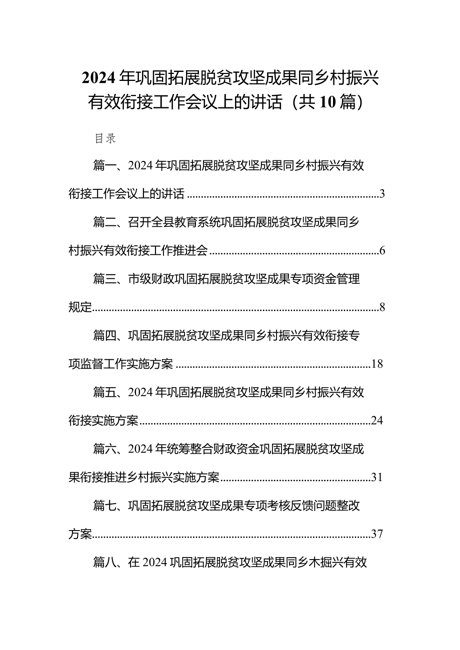 2024年巩固拓展脱贫攻坚成果同乡村振兴有效衔接工作会议上的讲话10篇（详细版）.docx_第1页