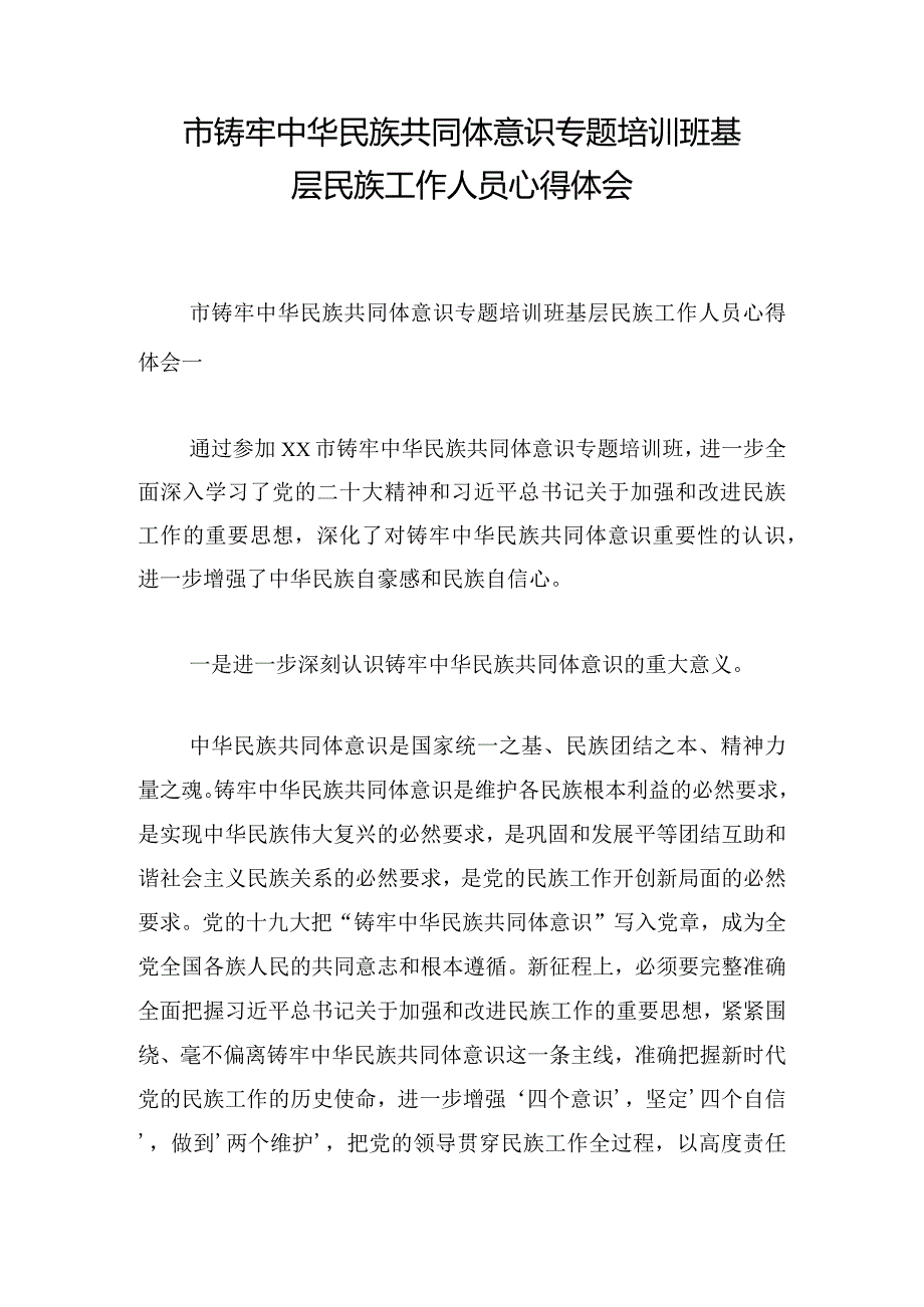 市铸牢中华民族共同体意识专题培训班基层民族工作人员心得体会.docx_第1页