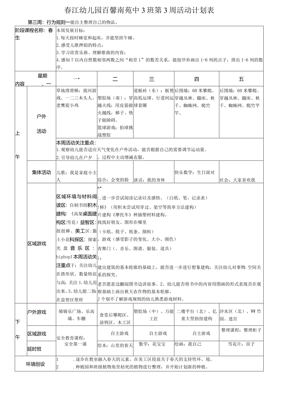 春江幼儿园百馨南苑中3班第3周活动计划表.docx_第1页