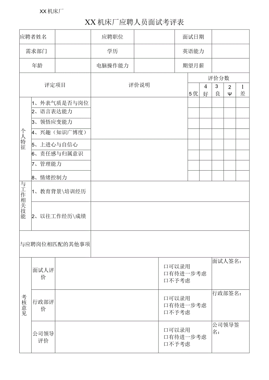 XX机床厂应聘人员面试考评表（2023年）.docx_第1页