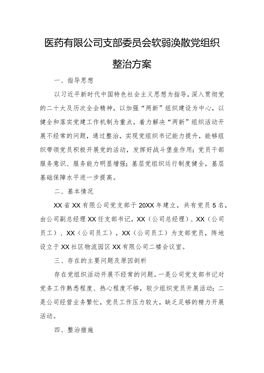 医药有限公司支部委员会软弱涣散党组织整治方案.docx_第1页