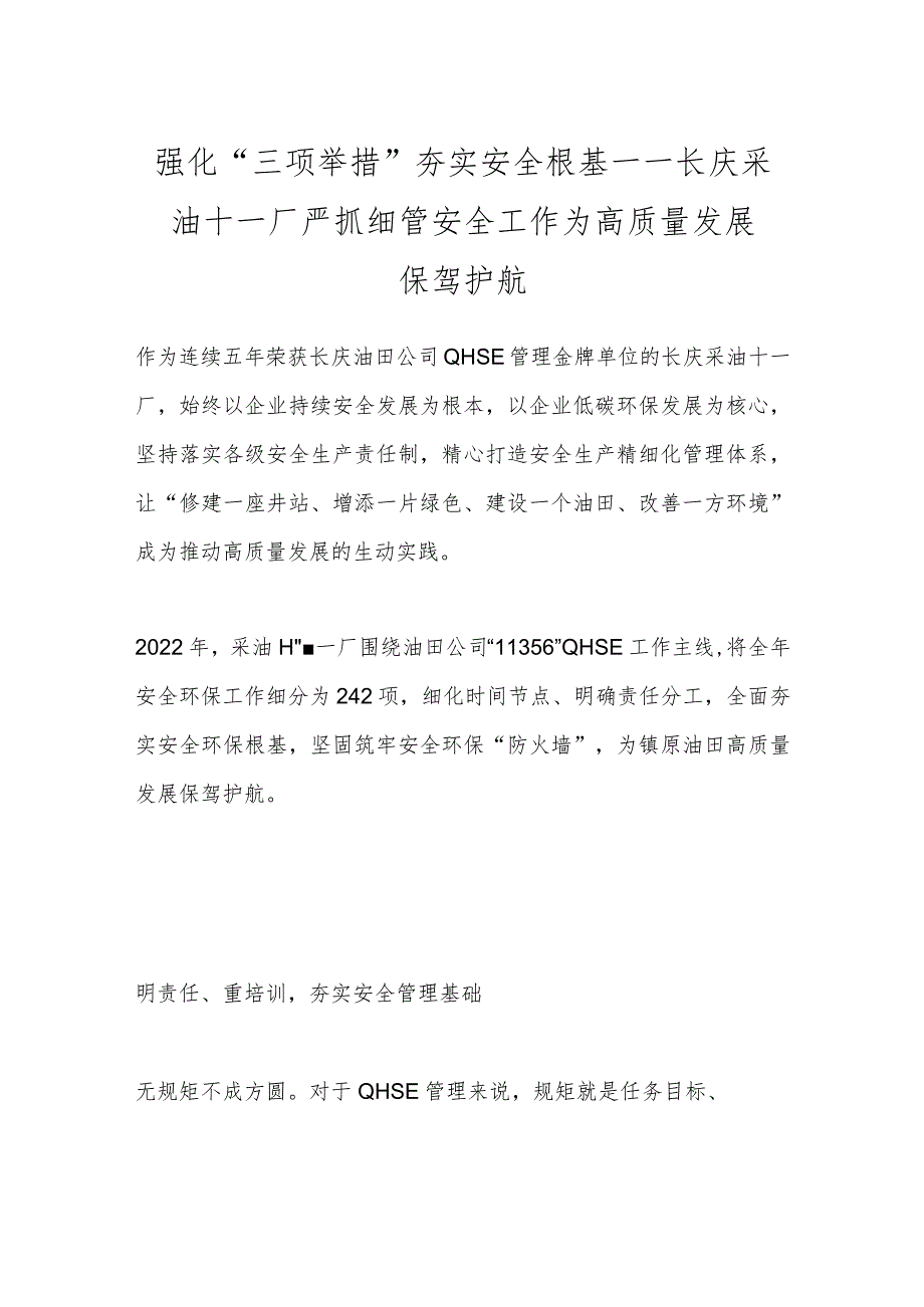 强化“三项举措”夯实安全根基——长庆采油十一厂严抓细管安全工作为高质量发展保驾护航.docx_第1页