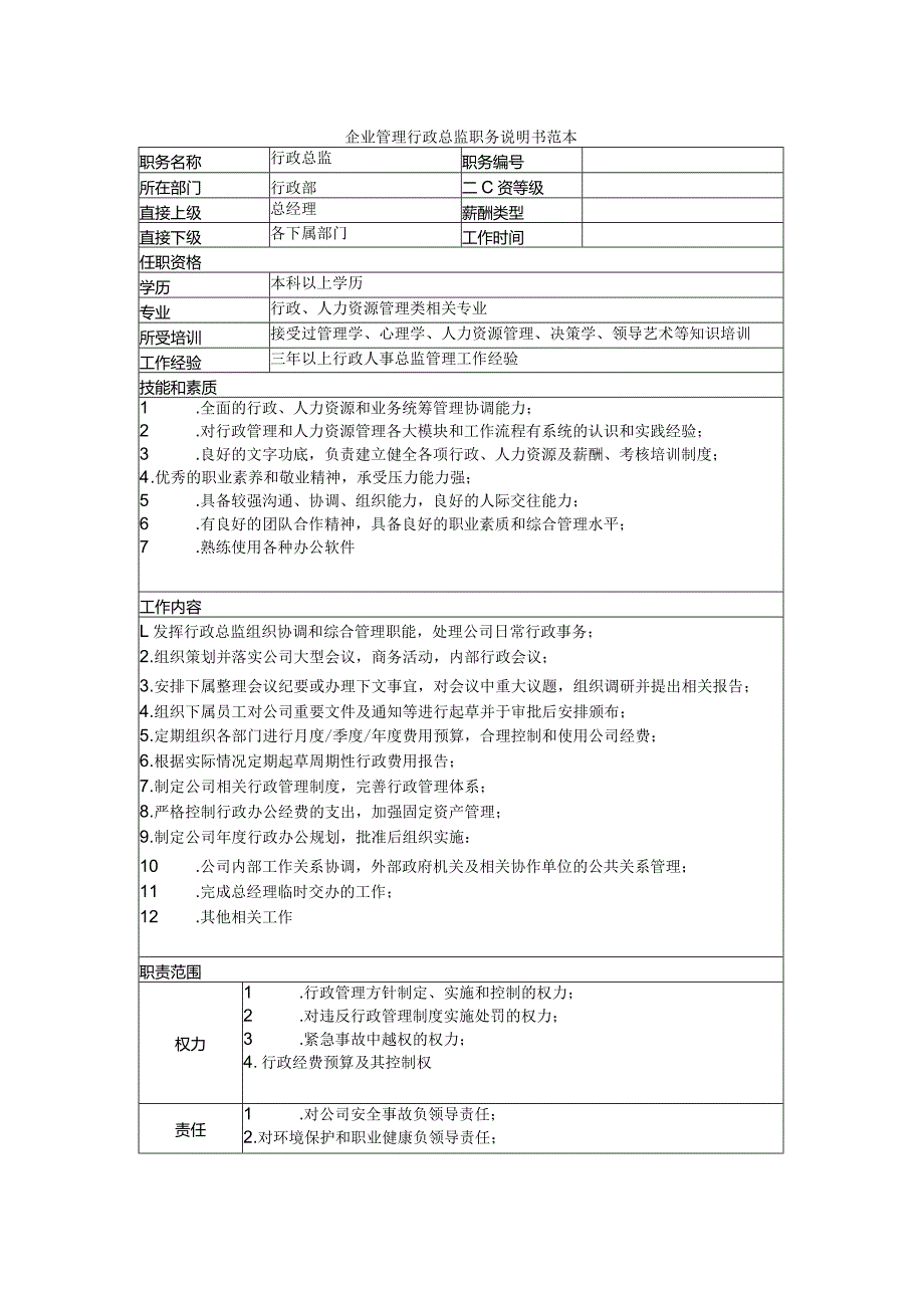 企业管理行政总监职务说明书范本.docx_第1页