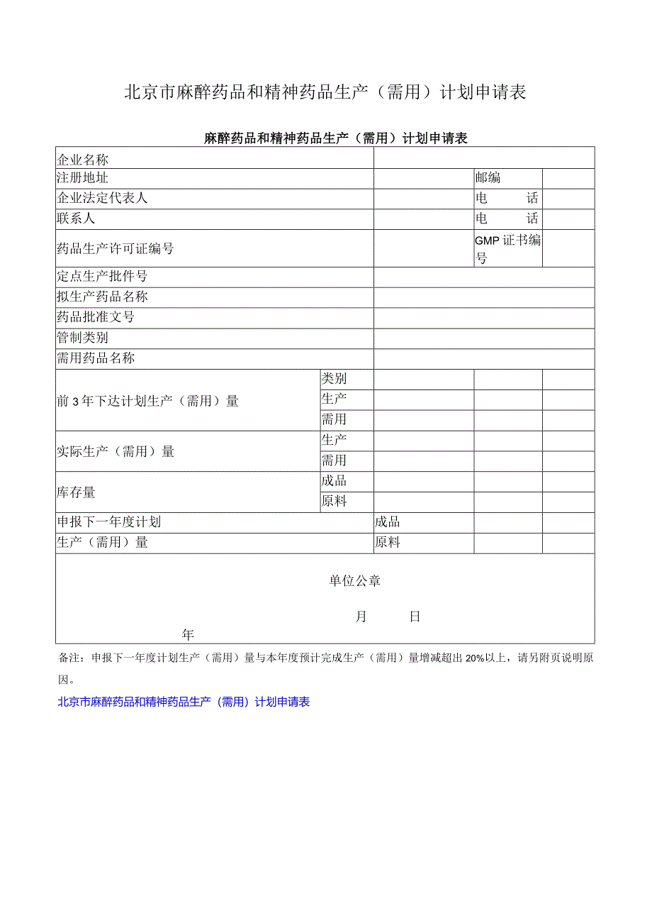 北京市麻醉药品和精神药品生产（需用）计划申请表.docx_第1页