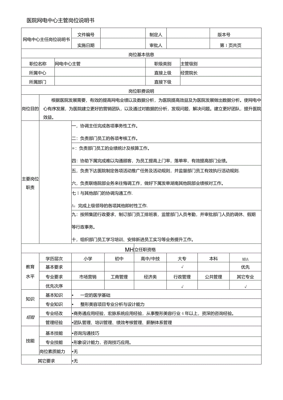 医院网络咨询主管岗位说明书.docx_第1页