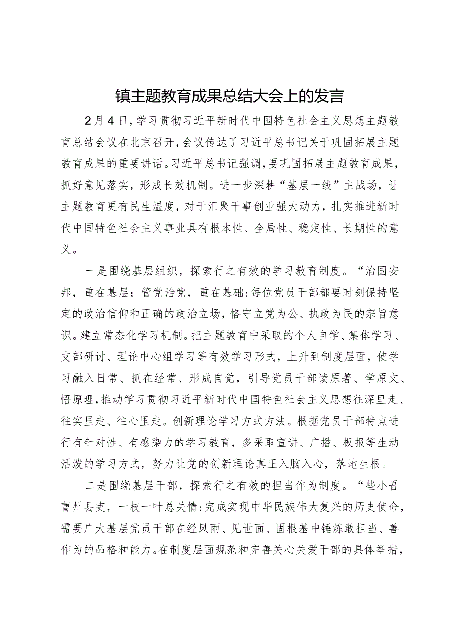 镇主题教育成果转化大会上的发言.docx_第1页