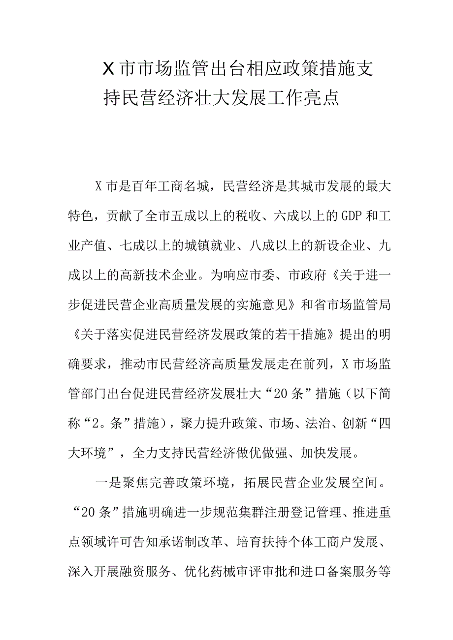 X市出台相应政策措施支持民营经济壮大发展工作亮点.docx_第1页