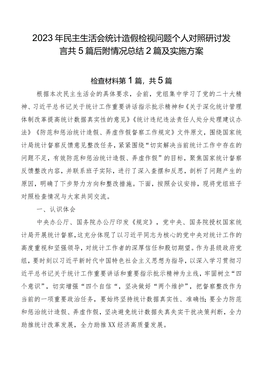 2023年民主生活会统计造假检视问题个人对照研讨发言共5篇后附情况总结2篇及实施方案.docx_第1页