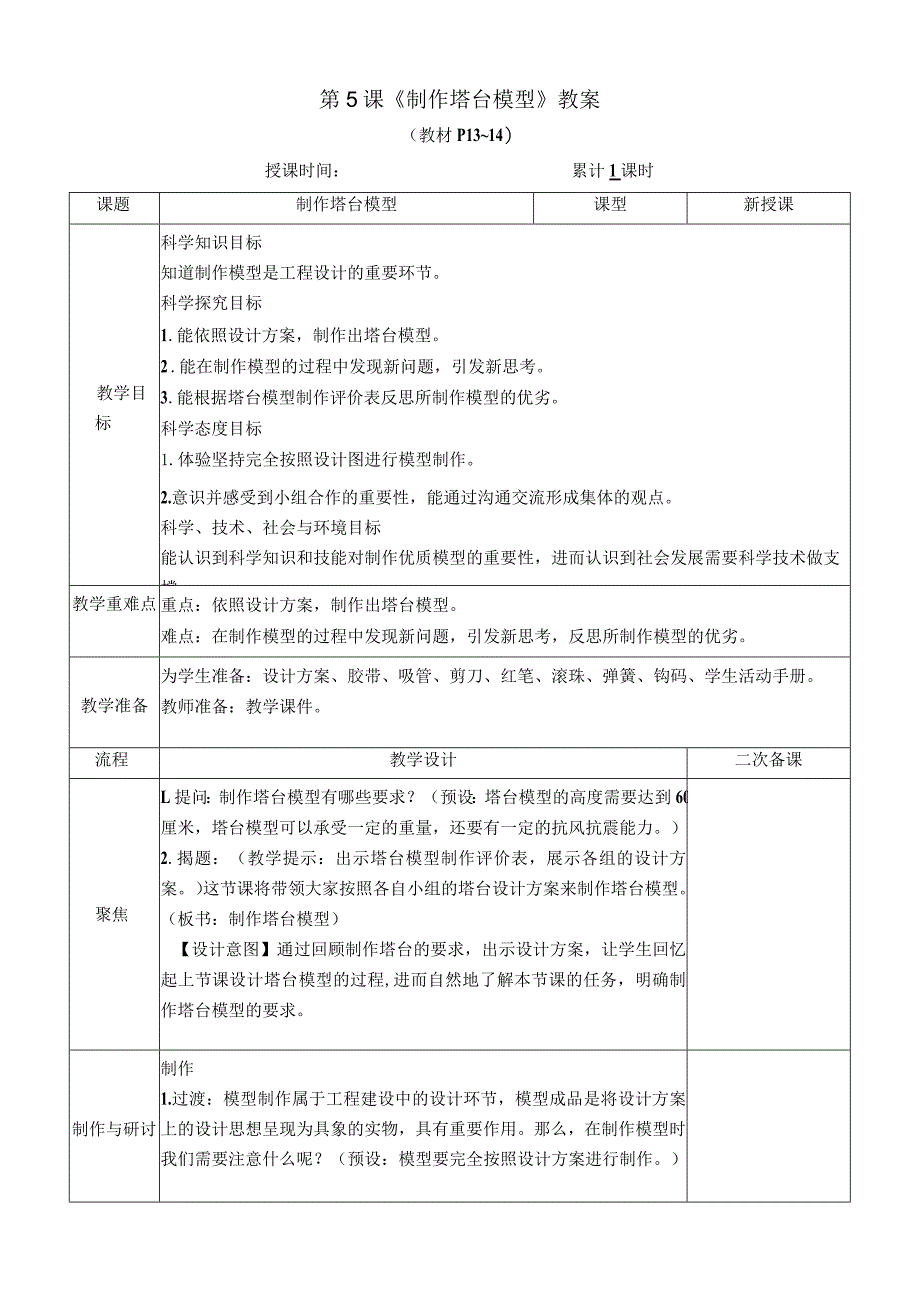 教科版六年级下册科学第一单元第5课《制作塔台模型》教案（定稿）.docx_第1页