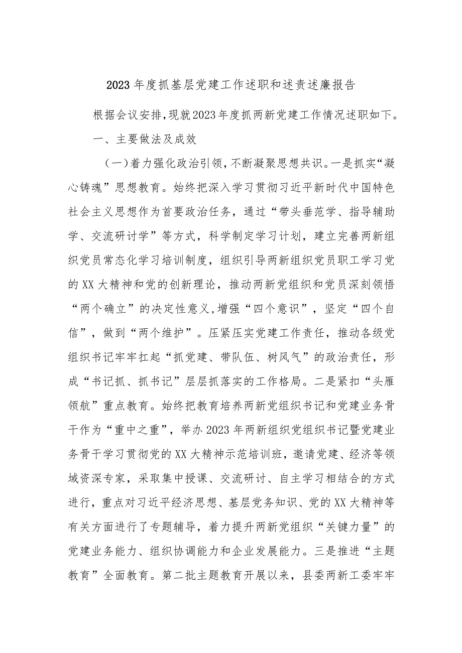 2023年度抓基层党建工作述职和述责述廉报告.docx_第1页