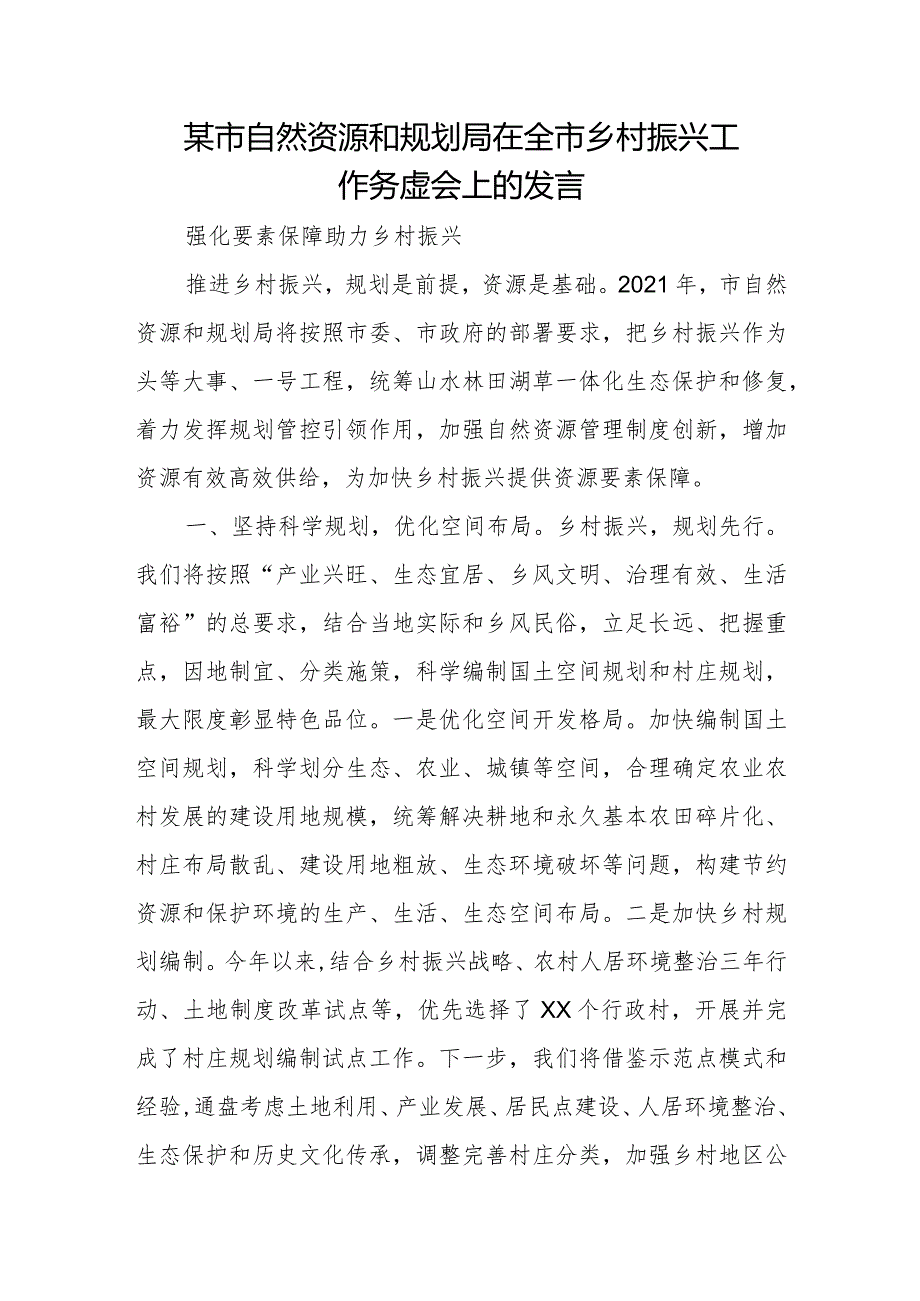 某市自然资源和规划局在全市乡村振兴工作务虚会上的发言.docx_第1页